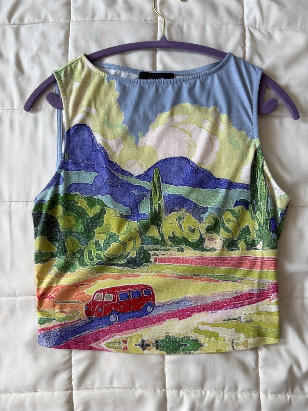 Cider Scenic Crop Top with Red Van and Blue Sky - Picture 1 of 6
